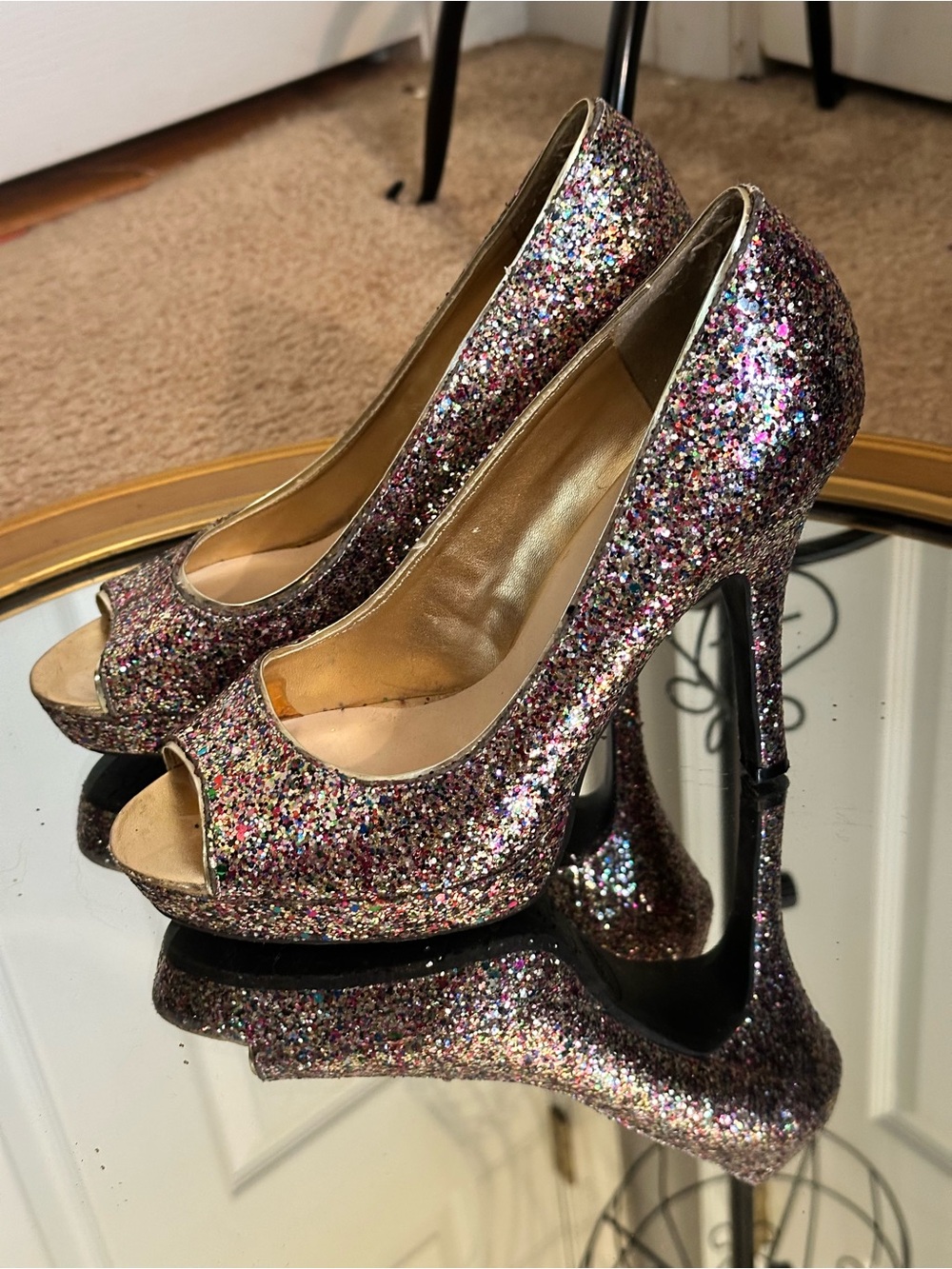 Candies Glitter Peep-Toe High stiletto Heels - Pink Multicolor